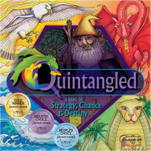 Front box cover of Quintangled, a game published by Satiama Publishing